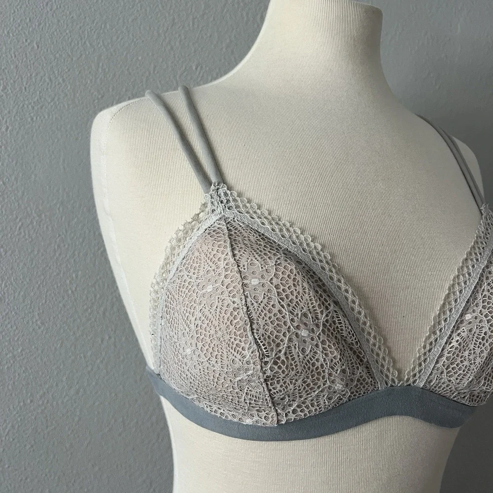 Victorias Secret Mesh Bralette Triangle Cups Adjustable Dot Lace Large Grey Gray
